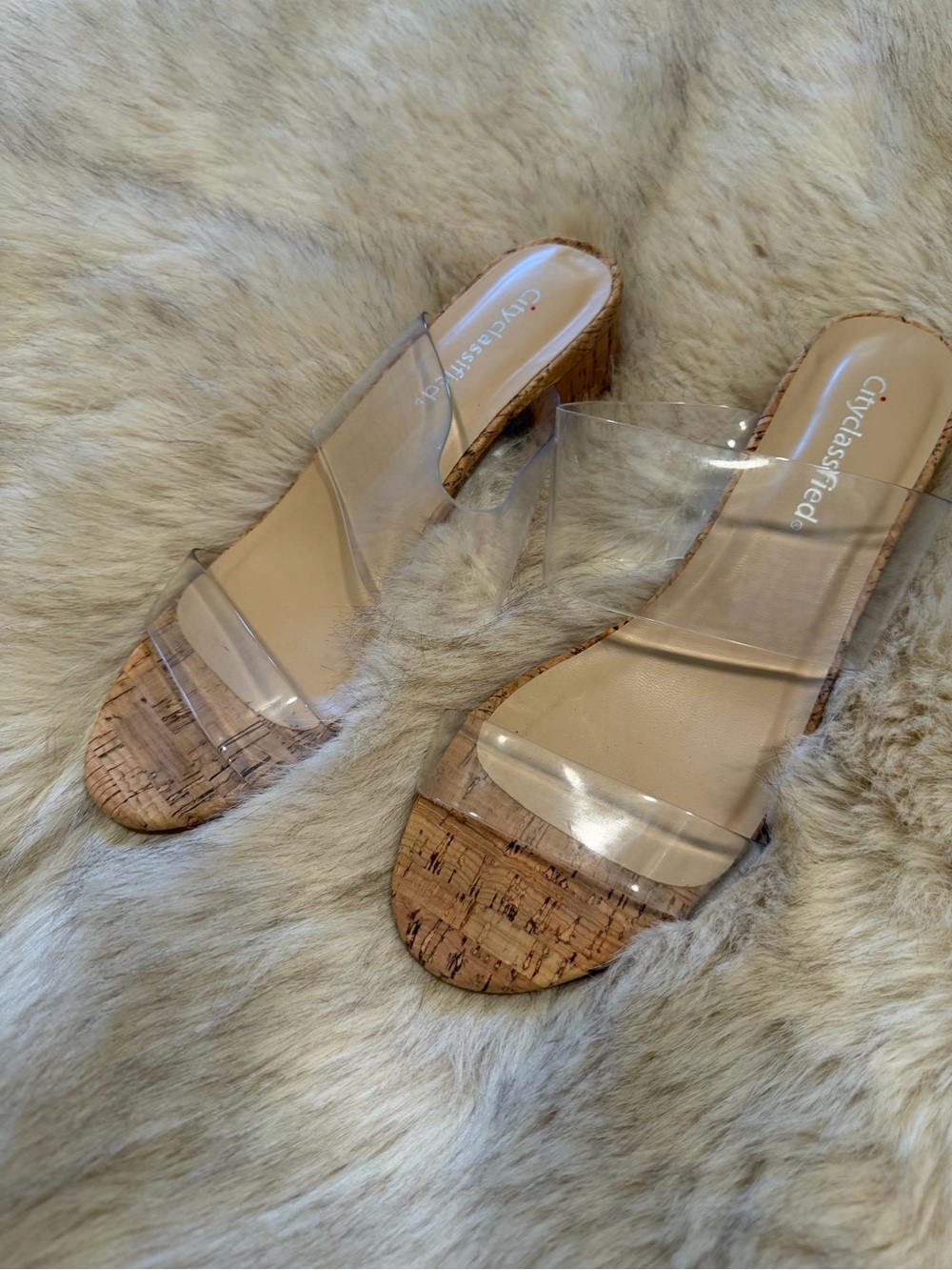 Cityclassified Clear Strap Cork Slide Sandals in Beige